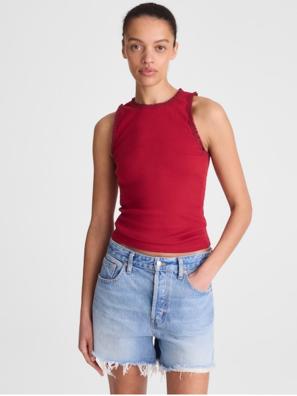 Madewell Lace-Trim Ribbed Tank - Red Currant